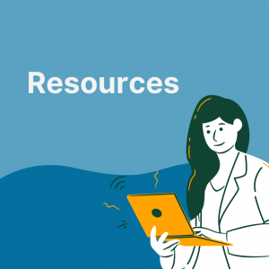text says "resources". Image contains a graphic of a woman smiling while typing on a laptop.