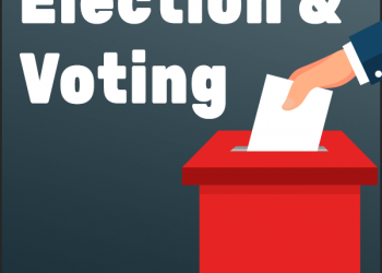 Elections and Voting. Image has a voting box with a hand placing a white piece of paper into the slot on top.