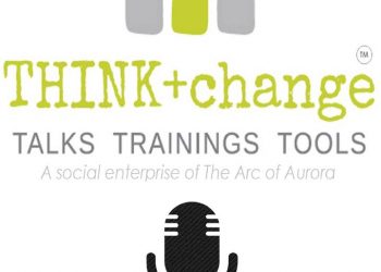 Think+change taks and training tools. a social enterprise of the Arc of Aurora. Icon of microphone.