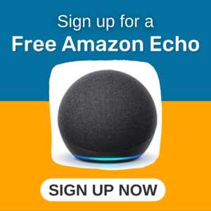 text says "Sign up for a free Amazon Echo, sign up now" with a photo of an Echo device.